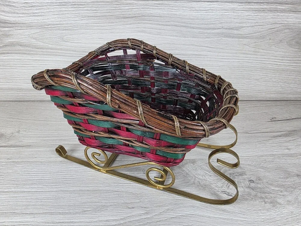 Sleigh Basket Christmas Holiday Decor Wicker Metal SU62